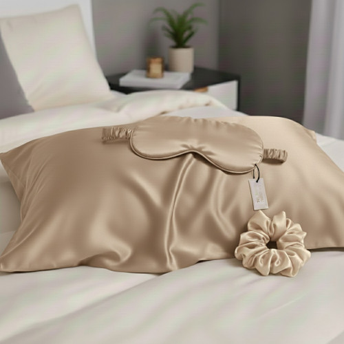 پک روبالشی ساتن ساده | اسکرانچی و چشمبند ساتن نسکافه ای